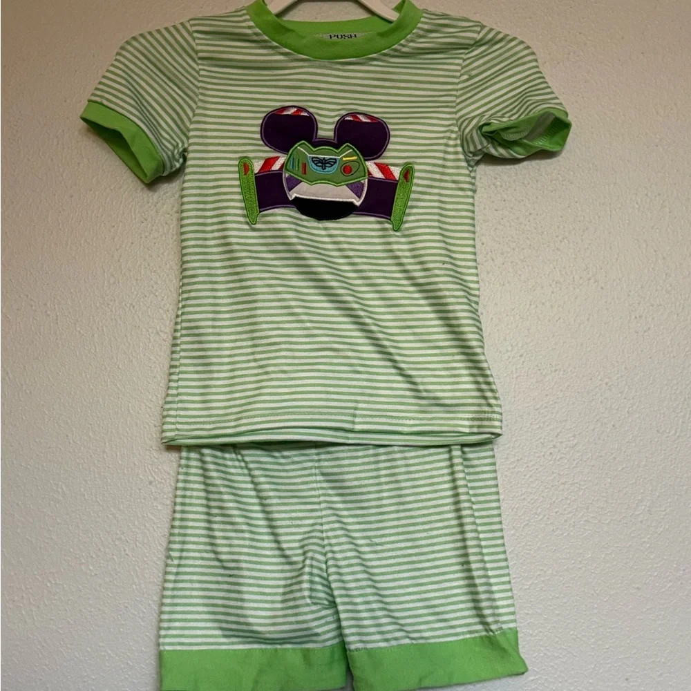 Mickey Green Striped Kids Pajama Set with Buzz Mouse Appliqué - Picture 3 of 3